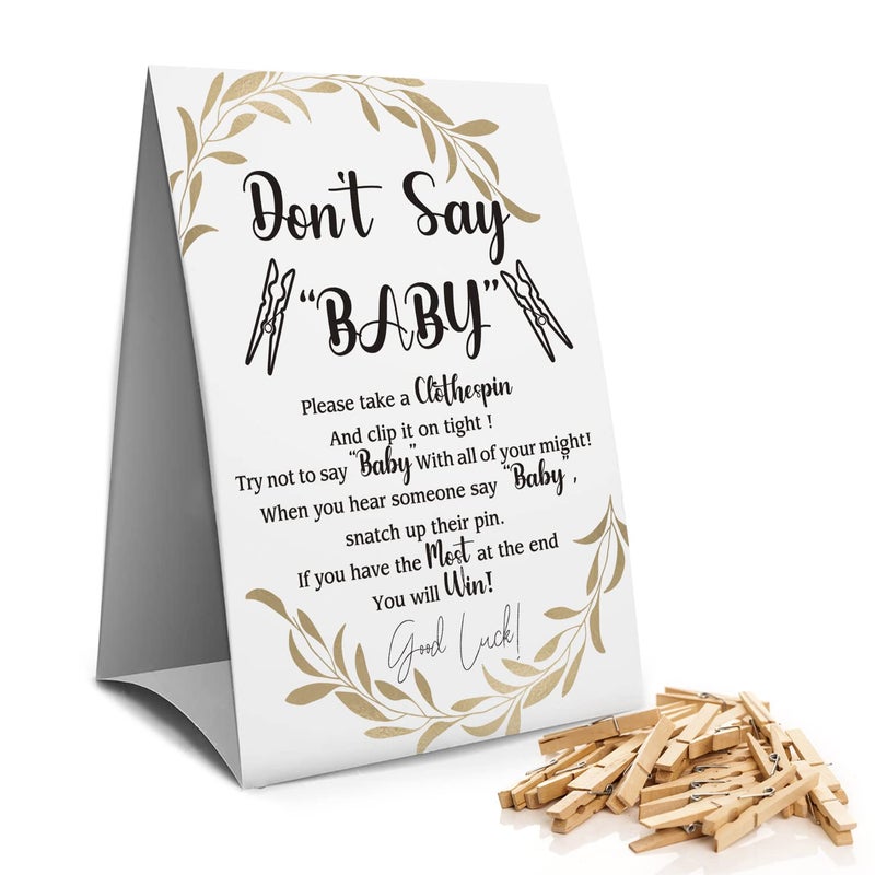 Muruseni Don't Say Baby Clothespin Games Sign(1 Sign + 50 Mini Clothespins), Baby Shower Games, Golden Leaf,Gender Neutral Baby Shower (1D) - Image 1